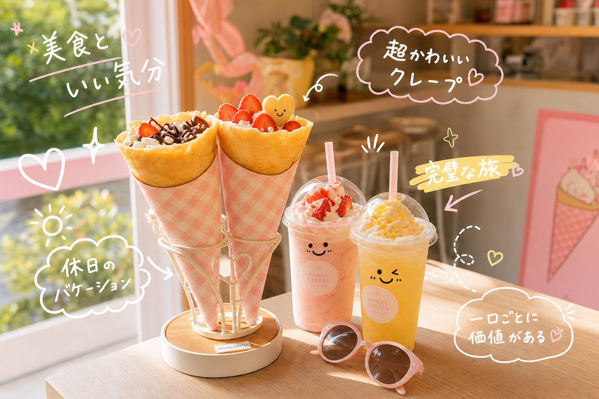 Create a photorealistic yet cute lifestyle food photo inside a warm sunlit dessert café, featuring exactly two large co…