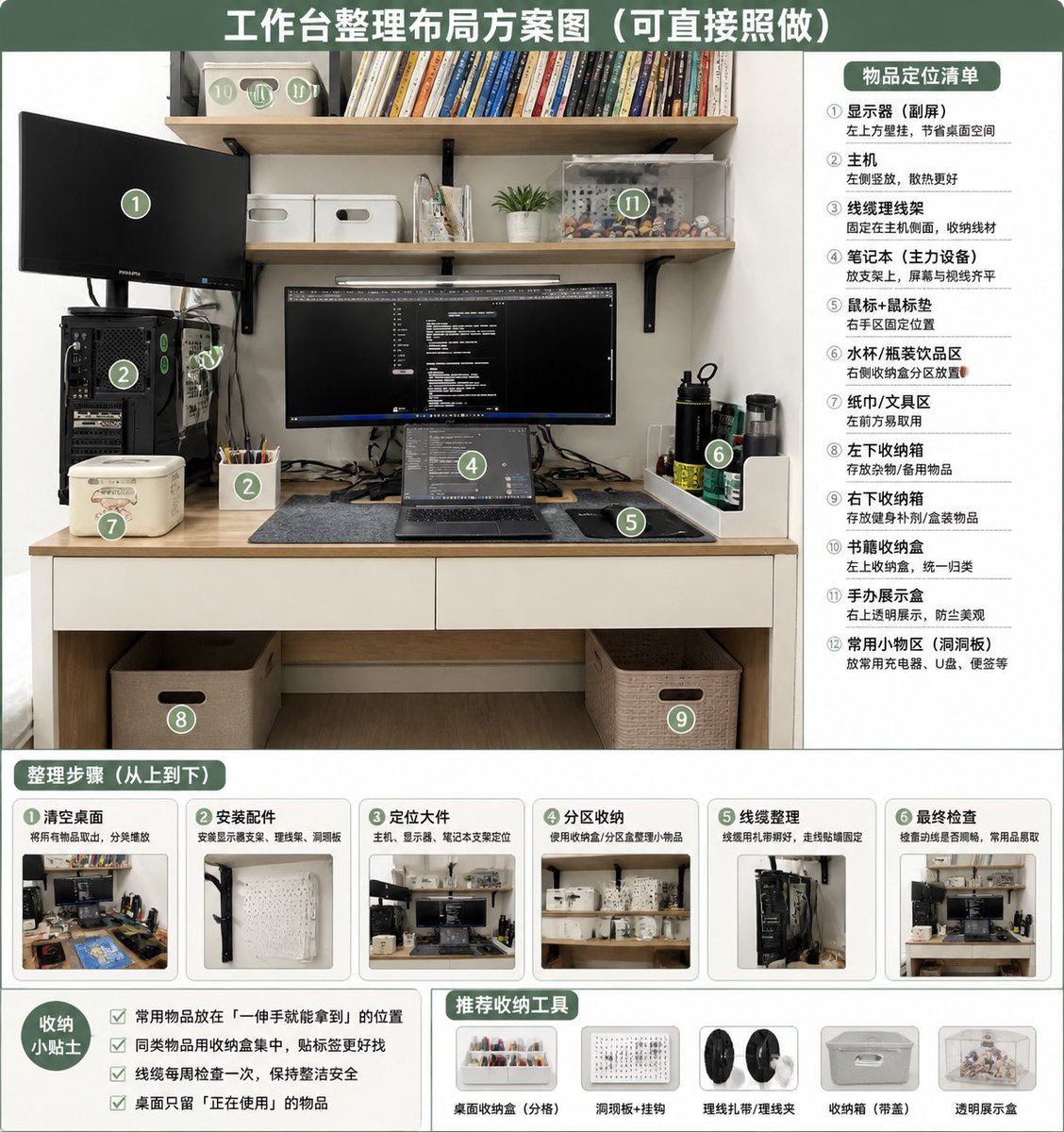 Using REFERENCE_0 as the source photo, create a clean, realistic “after organization” desktop layout plan infographic. …