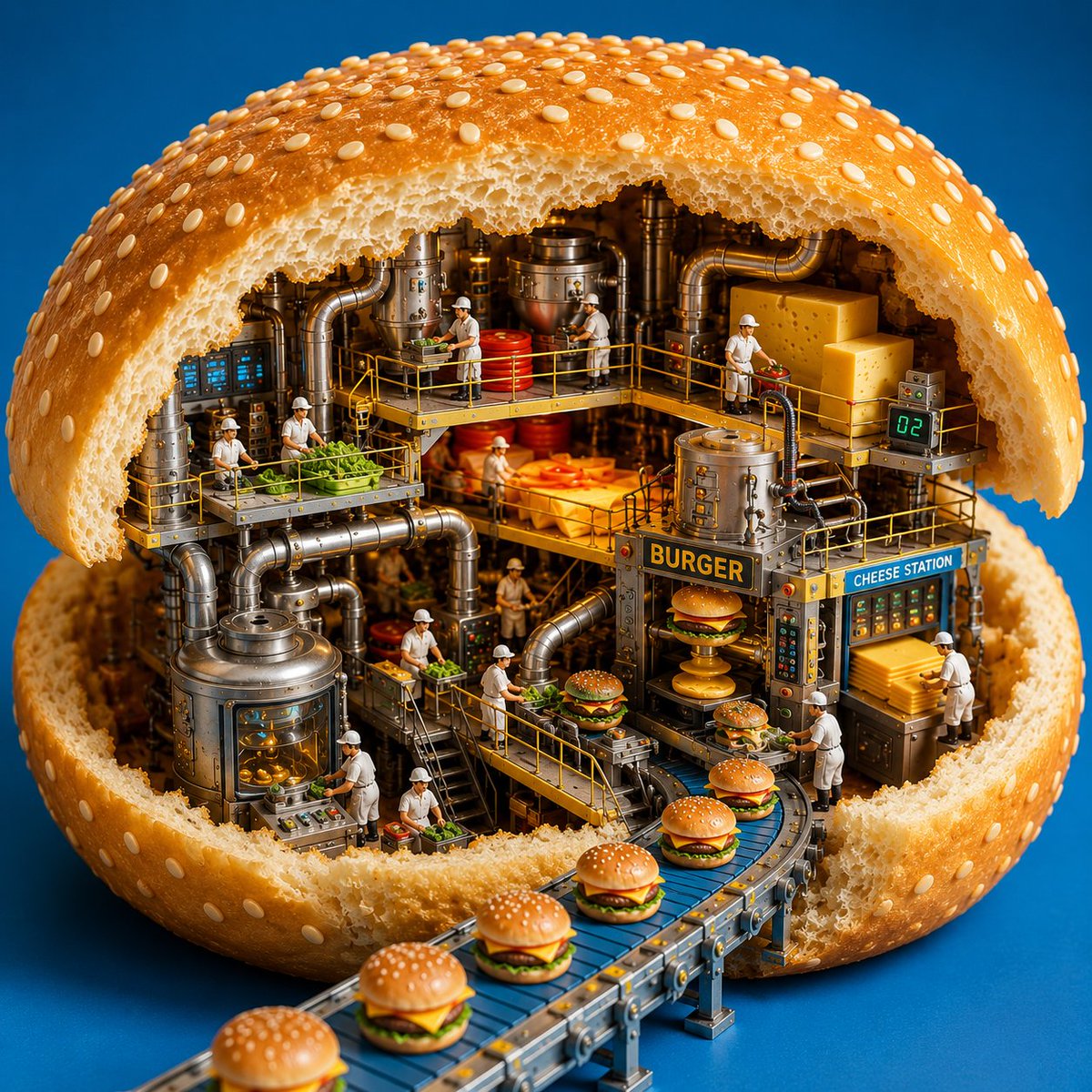 Cross section of giant {argument name="object" default="sesame burger bun"} Miniature {argument name="factory" default=…