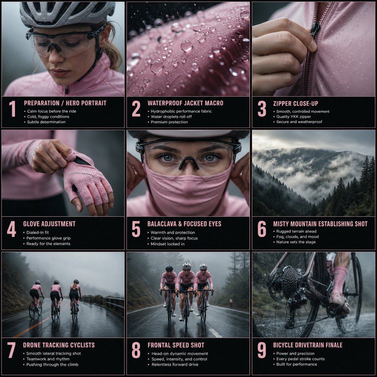 Ultra-realistic cinematic close-up of a female cyclist tightening a baby pink performance glove around her wrist. Focus…