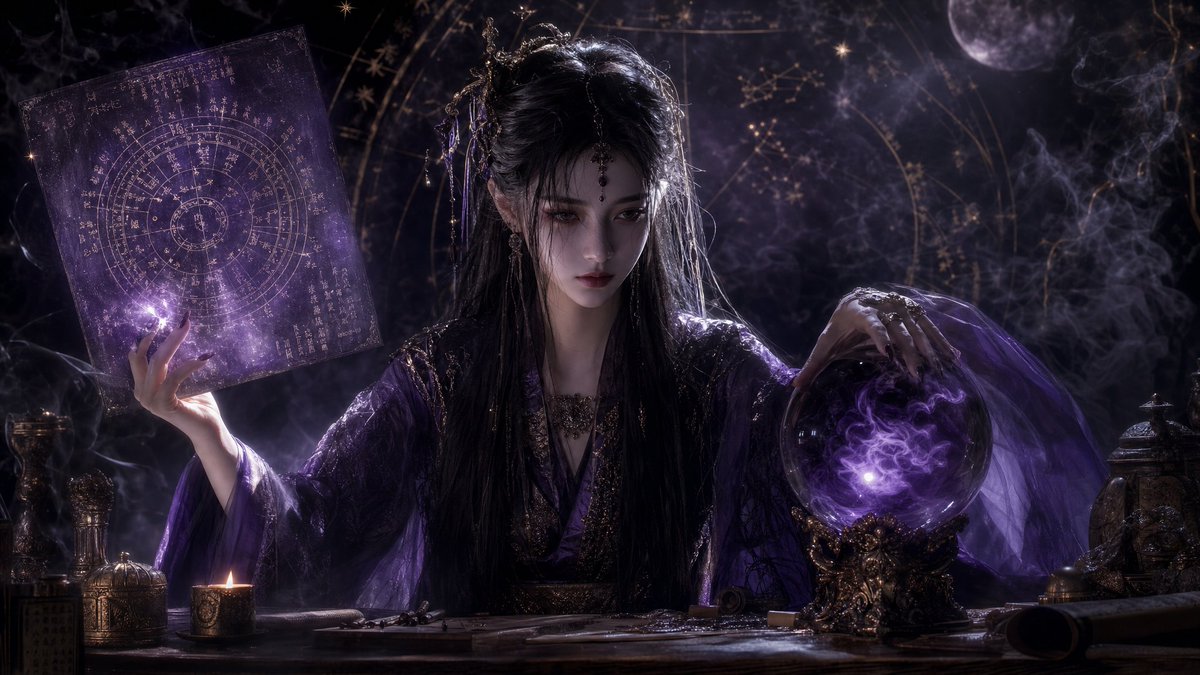 A highly mysterious young and beautiful Chinese diviner, {argument name="age" default="25 years old"}, with long straig…