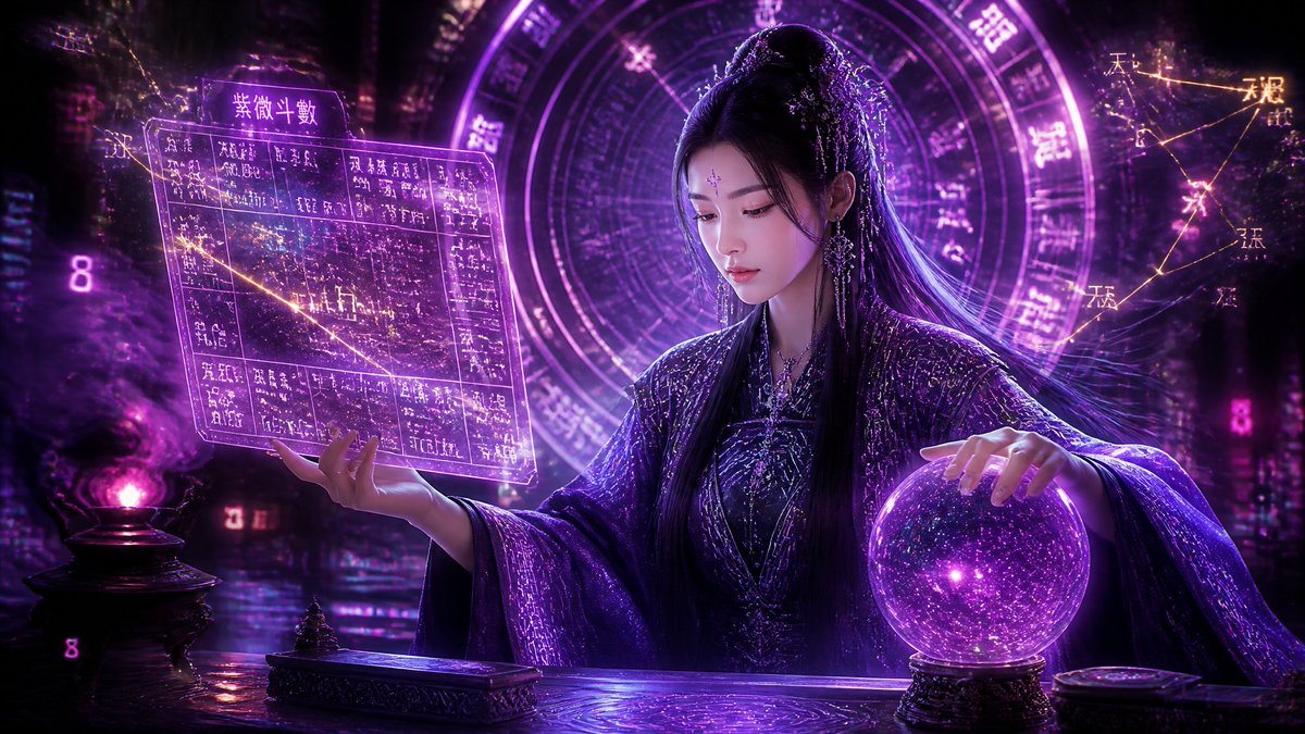 A stunningly beautiful young Chinese diviner, {argument name="age" default="25 years old"}, with long straight black ha…
