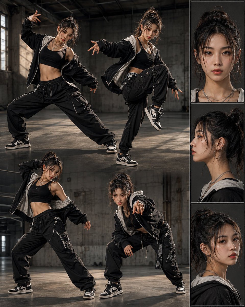 Character setting diagram layout, focusing on an 18-year-old Asian female street dancer. Includes 4 large, high-detail …