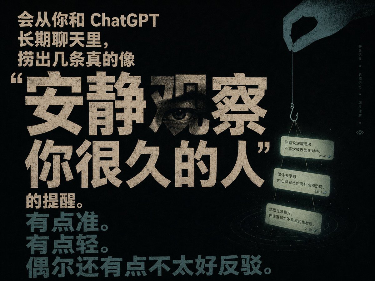 {"type":"dark editorial Chinese concept poster about ChatGPT memory advice","canvas":{"aspect_ratio":"4:3 landscape","b…