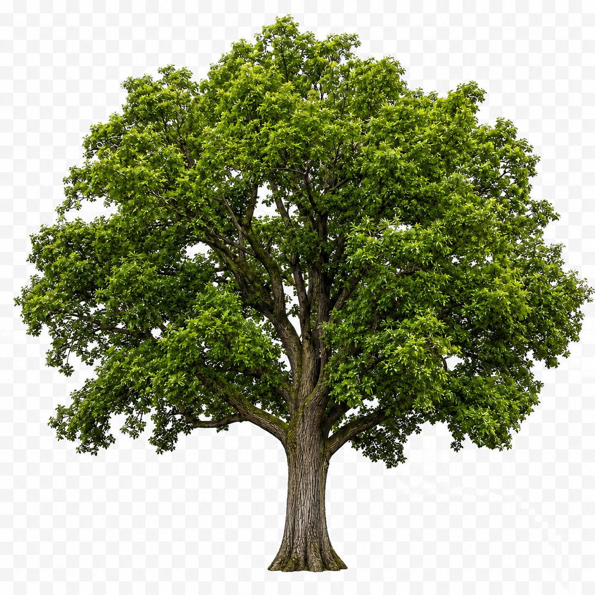 Create a photorealistic cutout stock image of a single mature {argument name="tree type" default="broadleaf deciduous t…