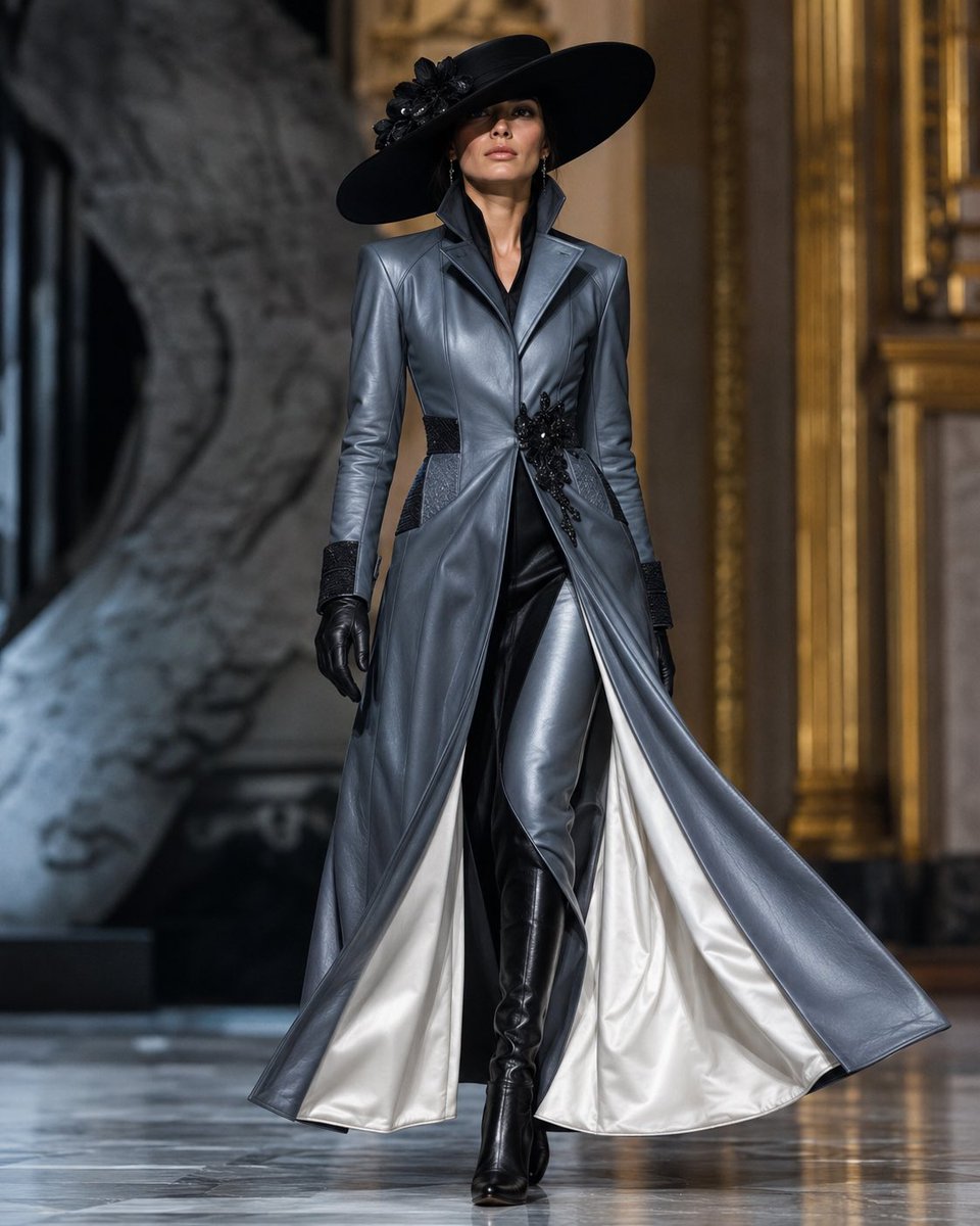 Create a high-fashion runway photograph of a tall, slender female model with a softly blurred, non-identifiable face wa…