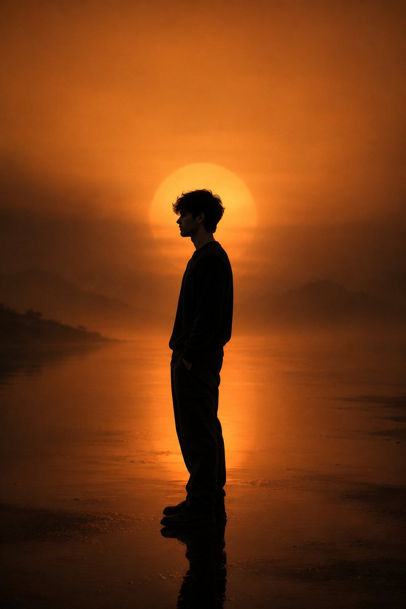 Create a cinematic minimalist portrait using my uploaded photo Place the subject in full-body side profile, standing st…