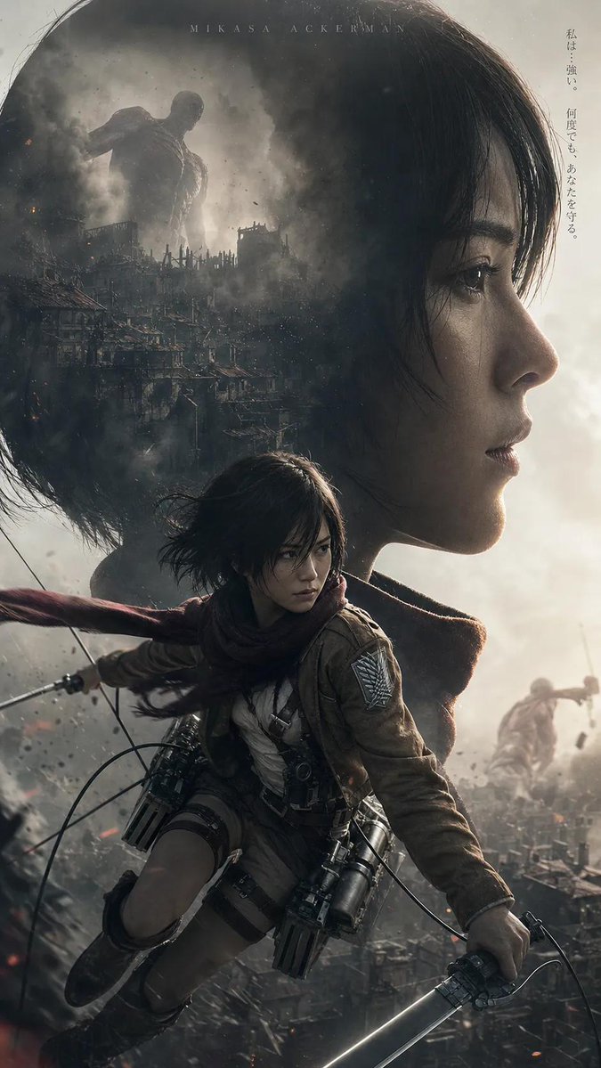 Ultra-realistic cinematic anime movie poster of a female warrior inspired by a titan apocalypse universe, short black h…