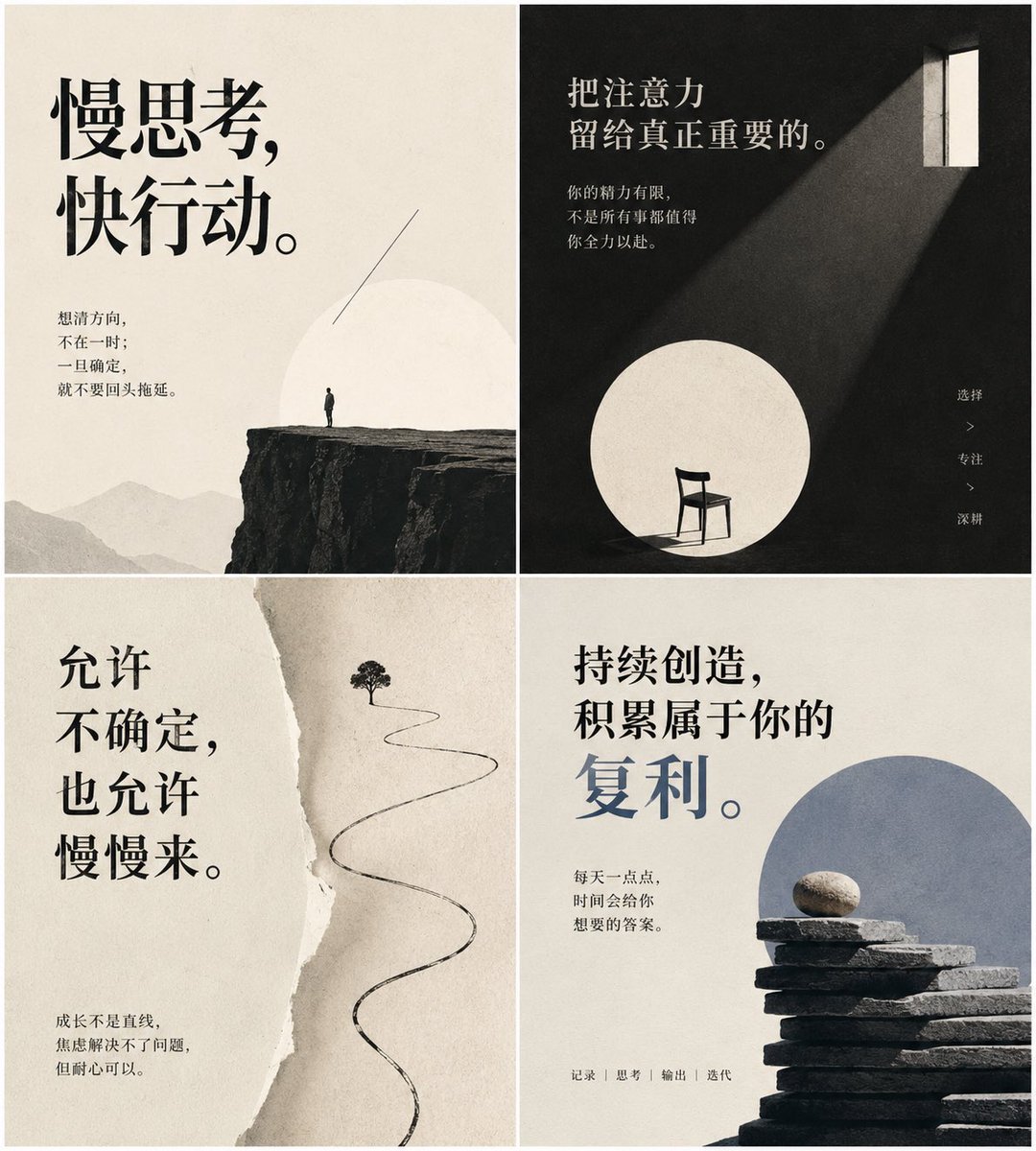 {"type":"four-panel minimalist Chinese conceptual advice card set","format":"single 2x2 grid image containing 4 square …