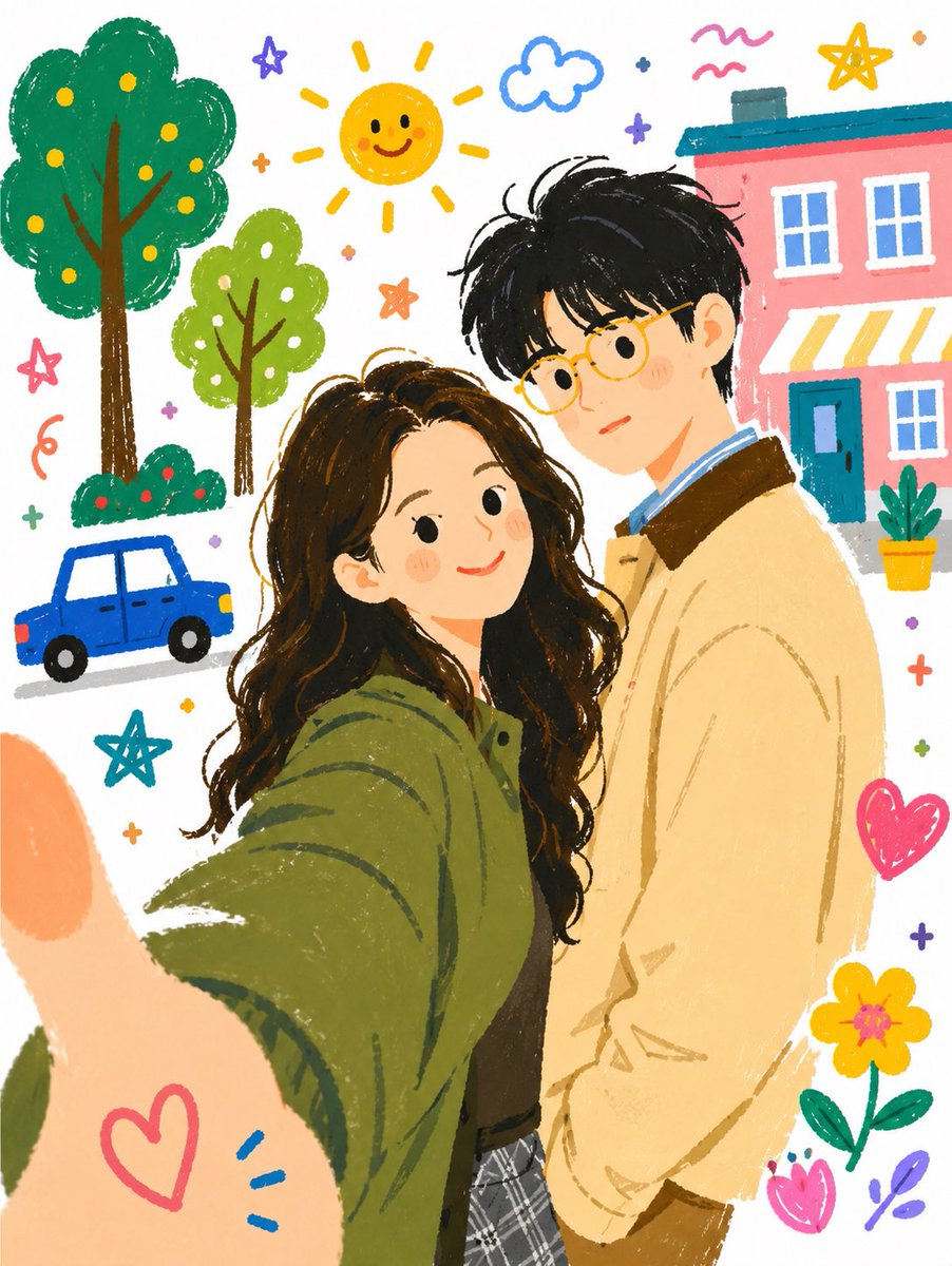 Create a warm vertical lifestyle couple illustration in a 2.5D flat, hand-drawn storybook doodle style, like a tender d…