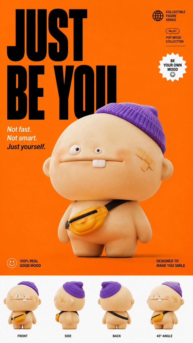 A premium collectible toy figure product poster on a bold solid bright {argument name="background color" default="orang…