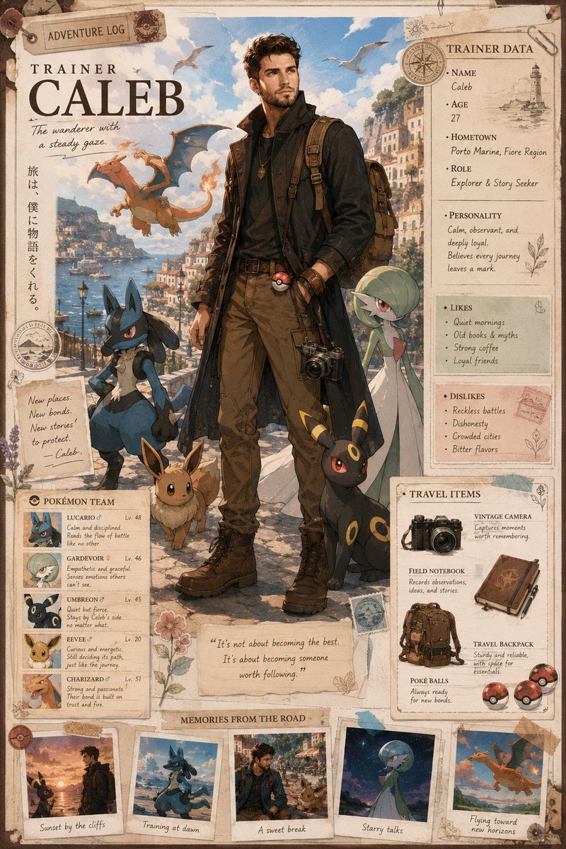 Generate a "{argument name="theme" default="Pokémon Trainer"} Themed Character Design Poster" including a full layout a…