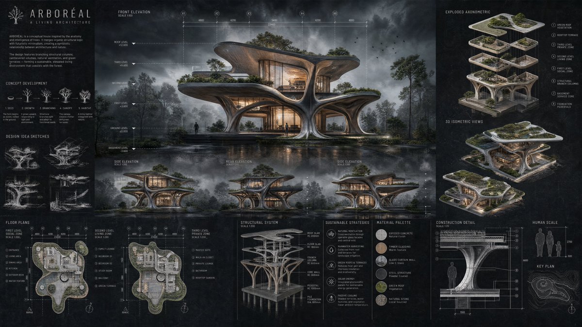 Ultra-realistic architectural competition presentation board, portrait A1 layout, 4K resolution, mixed media visualizat…