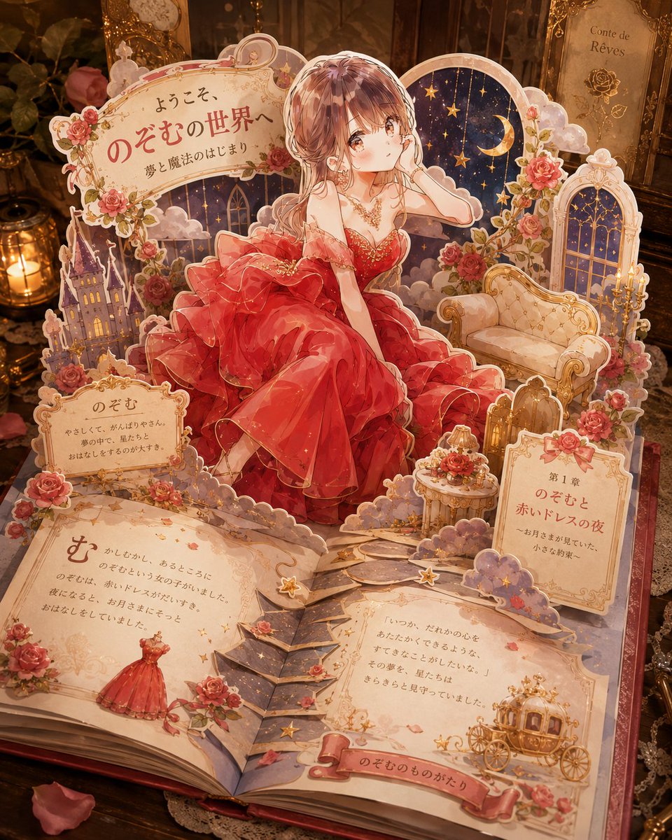 Goal: Create an ornate 3D pop-up storybook scene where {argument name="character name" default="Nozomu"} appears to lea…