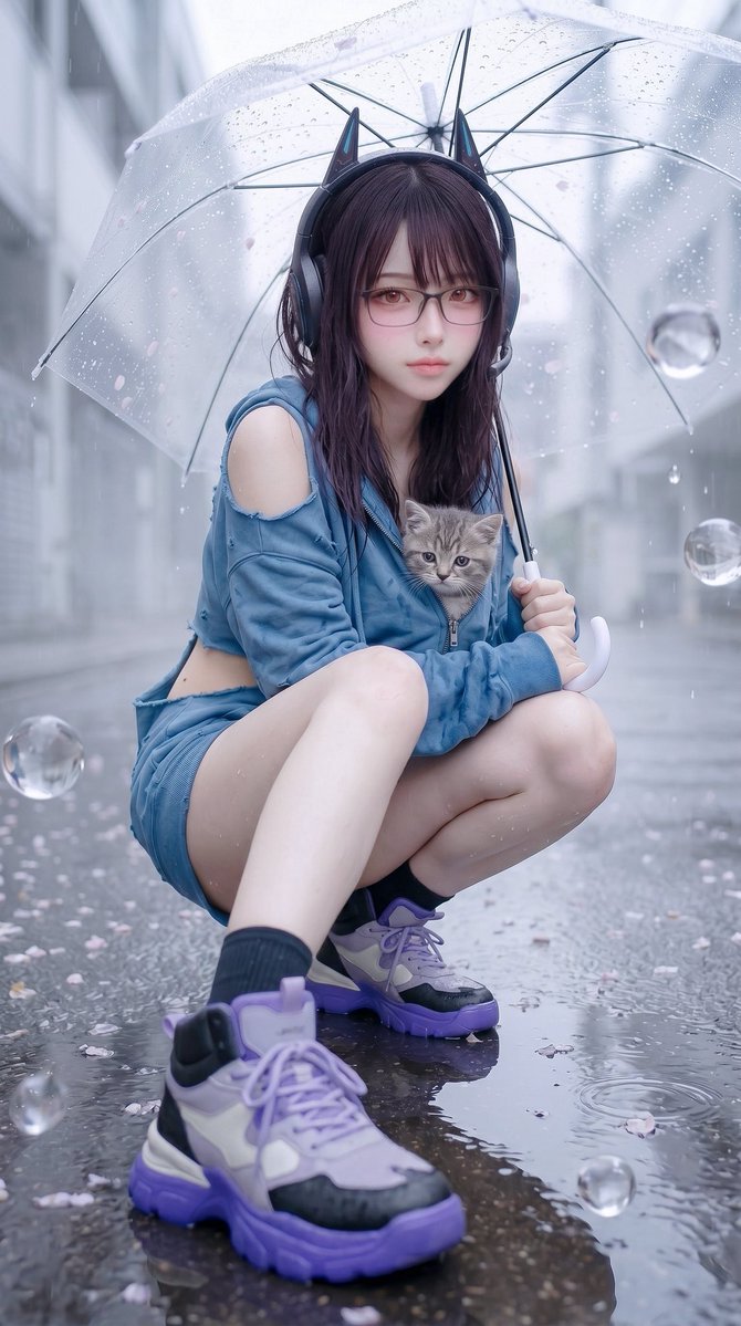 Create a vertical cinematic photorealistic fashion portrait in a rainy city alley, with a {argument name="character nam…