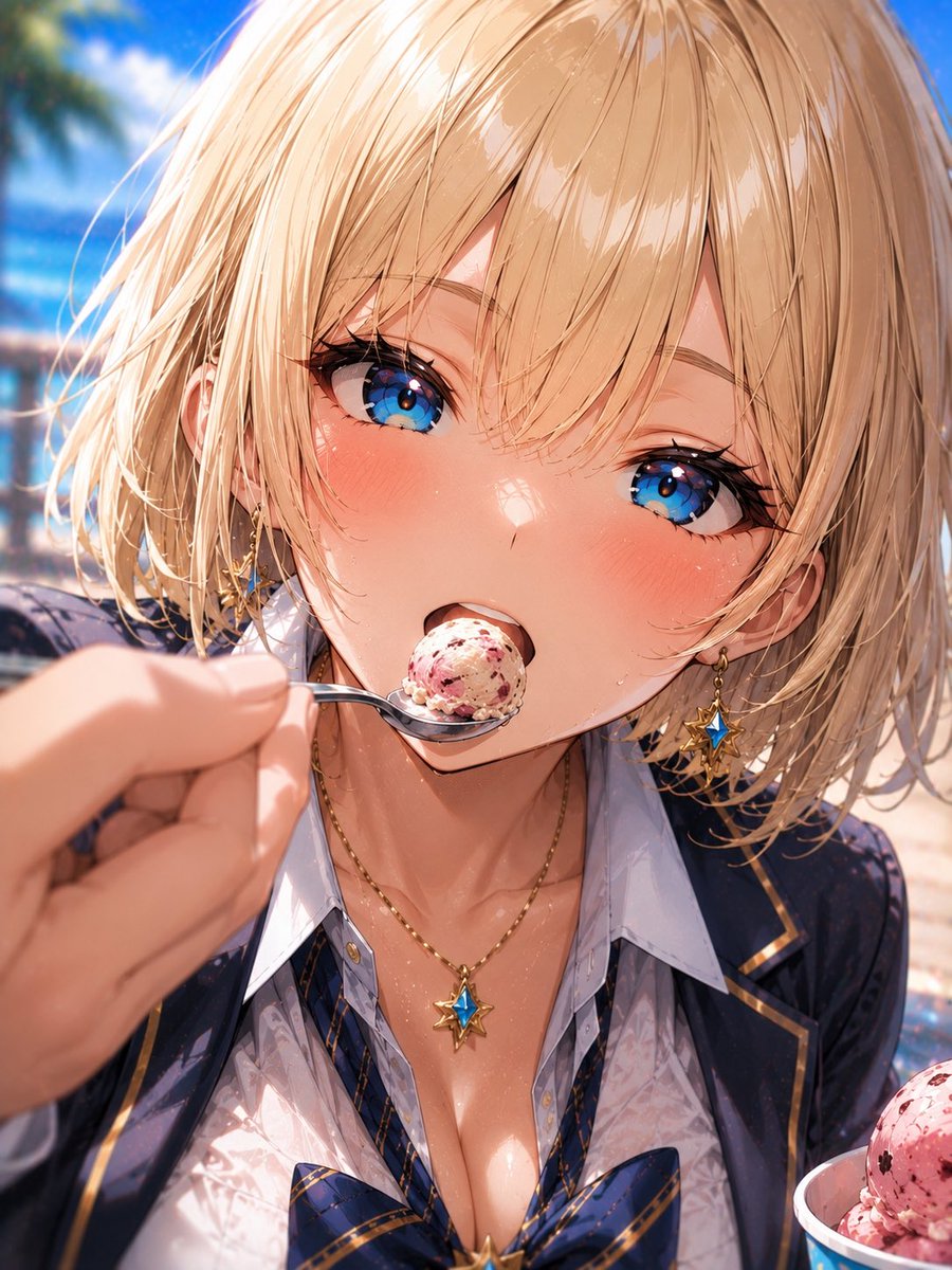 Create a polished anime-style close-up summer portrait of {argument name="character name" default="Riona"}, a glamorous…