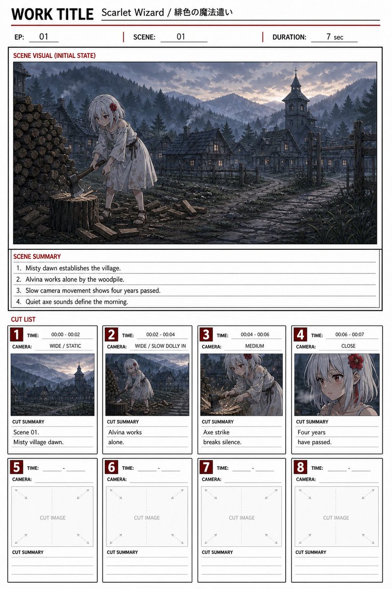 {"type":"anime film storyboard sheet / production conte page","format":"clean printable A4 vertical layout, black grid …