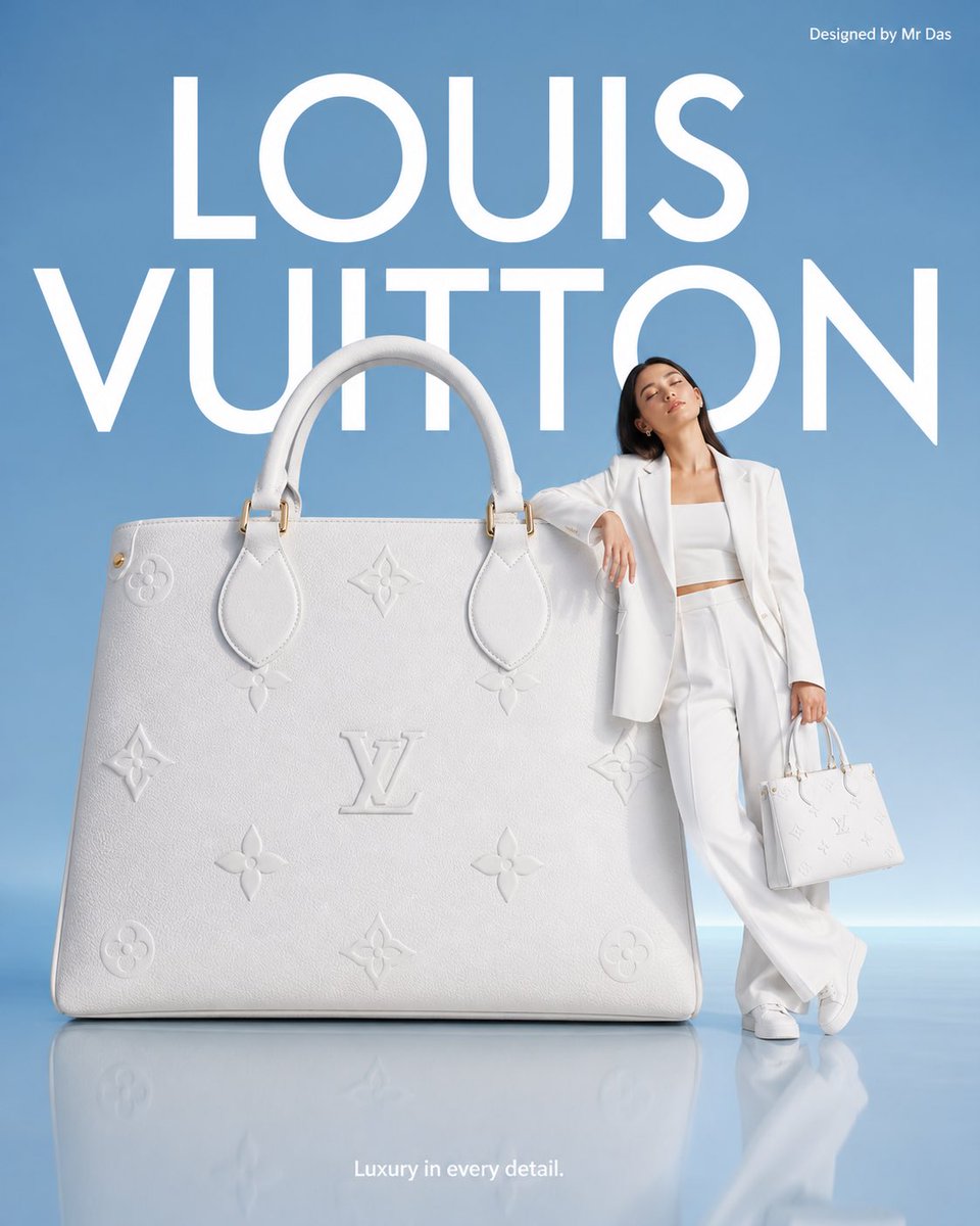 Minimalist commercial ad featuring oversized white {argument name="brand" default="Louis Vuitton"} handbag, ultra-clean…