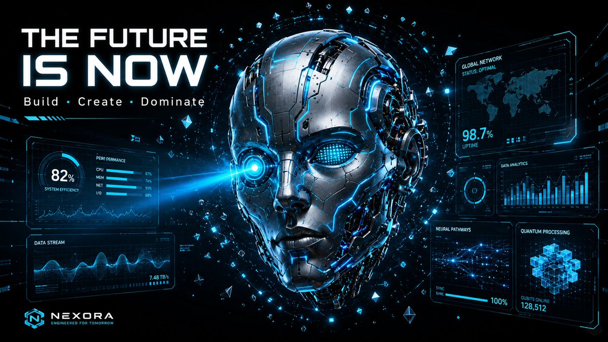 A stunning futuristic technology horizontal social media banner, a highly detailed 3D humanoid robot head floating at t…