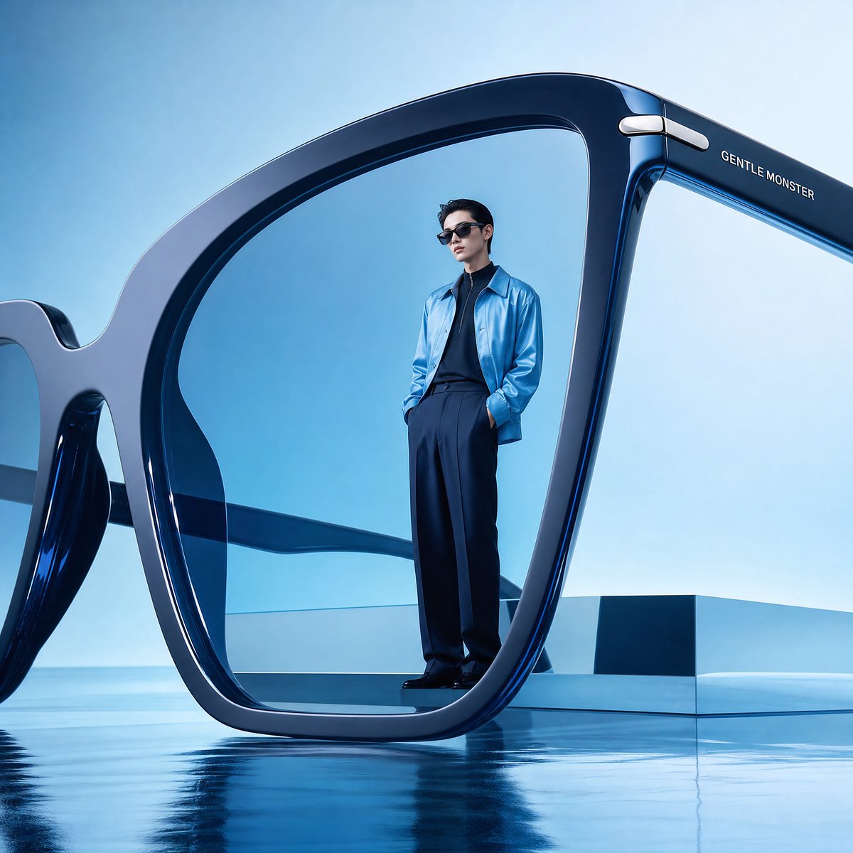 Editorial eyewear advertisement with surreal proportions, enormous futuristic {argument name="accessory" default="shade…