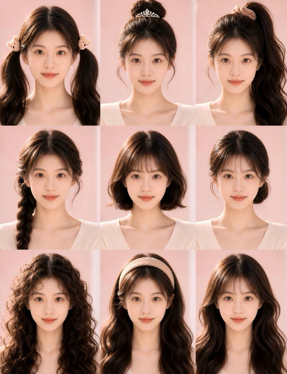 { "type": "photorealistic hairstyle try-on collage", "subject": { "person": "same young woman repeated in every panel, …