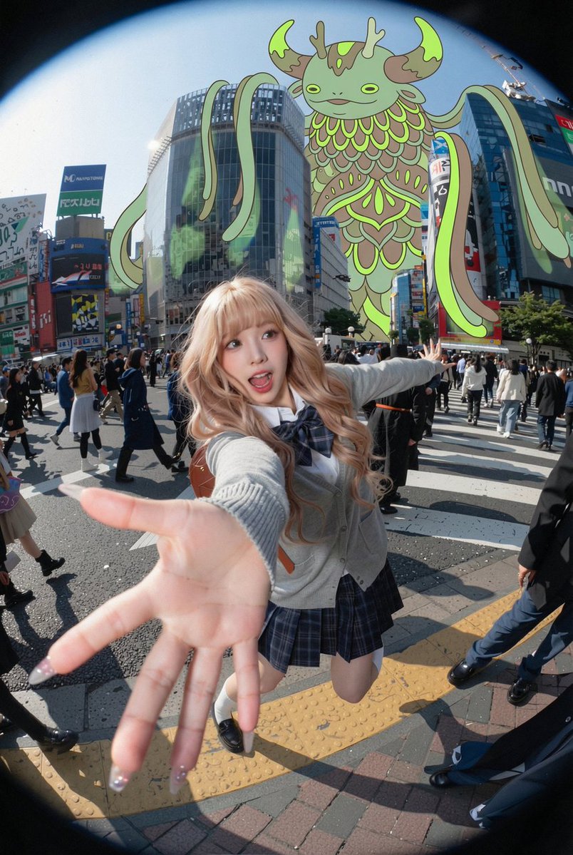 Create a dynamic ultra-wide fisheye action selfie photo at {argument name="location" default="Shibuya Crossing, Tokyo"}…