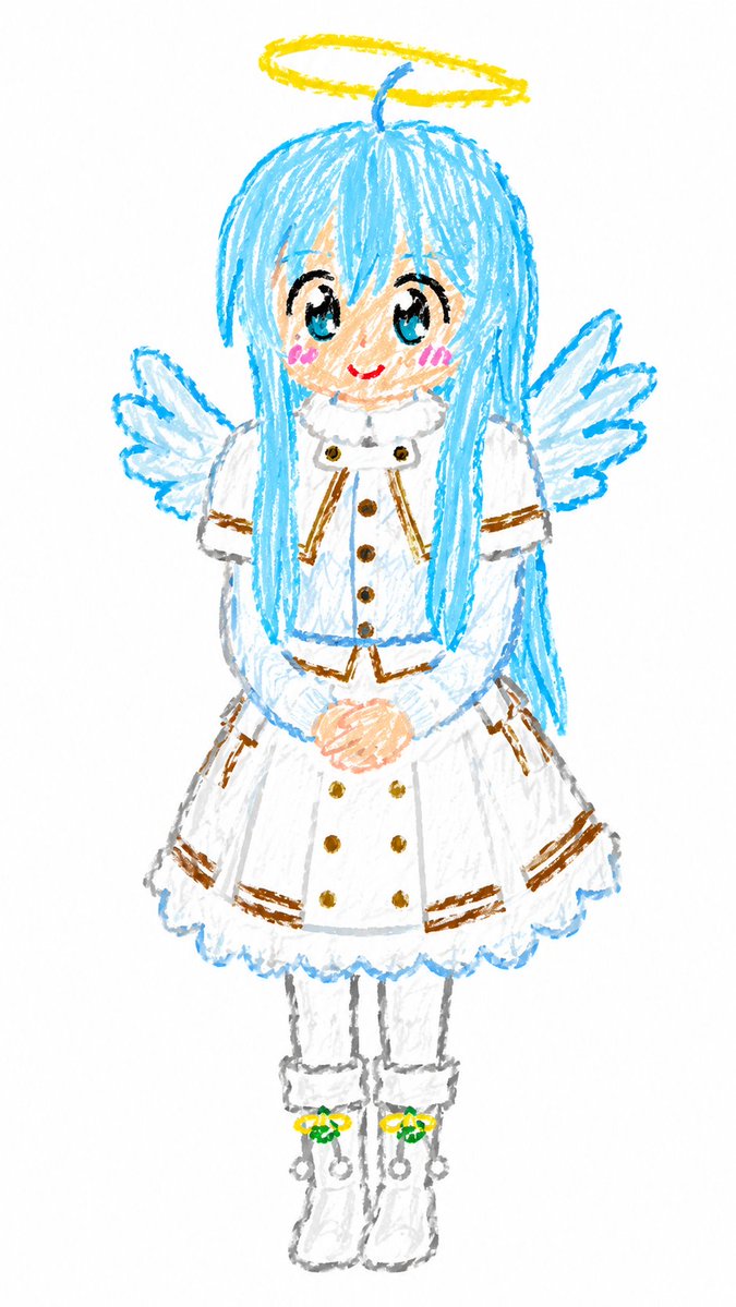 Create a full-body portrait of a cute chibi angel girl in a deliberately childlike crayon drawing style on a plain whit…