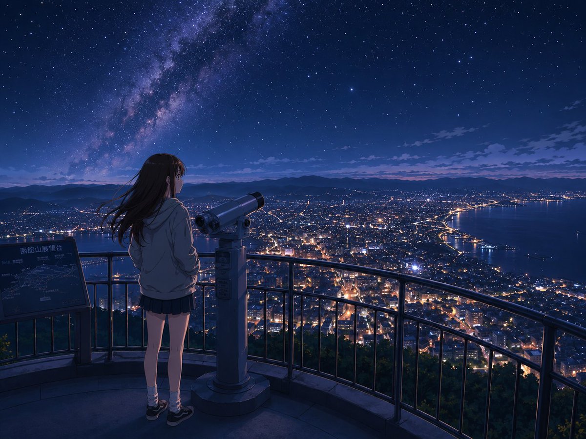 Create a cinematic anime-style night landscape from a high mountain observation deck overlooking {argument name="city n…