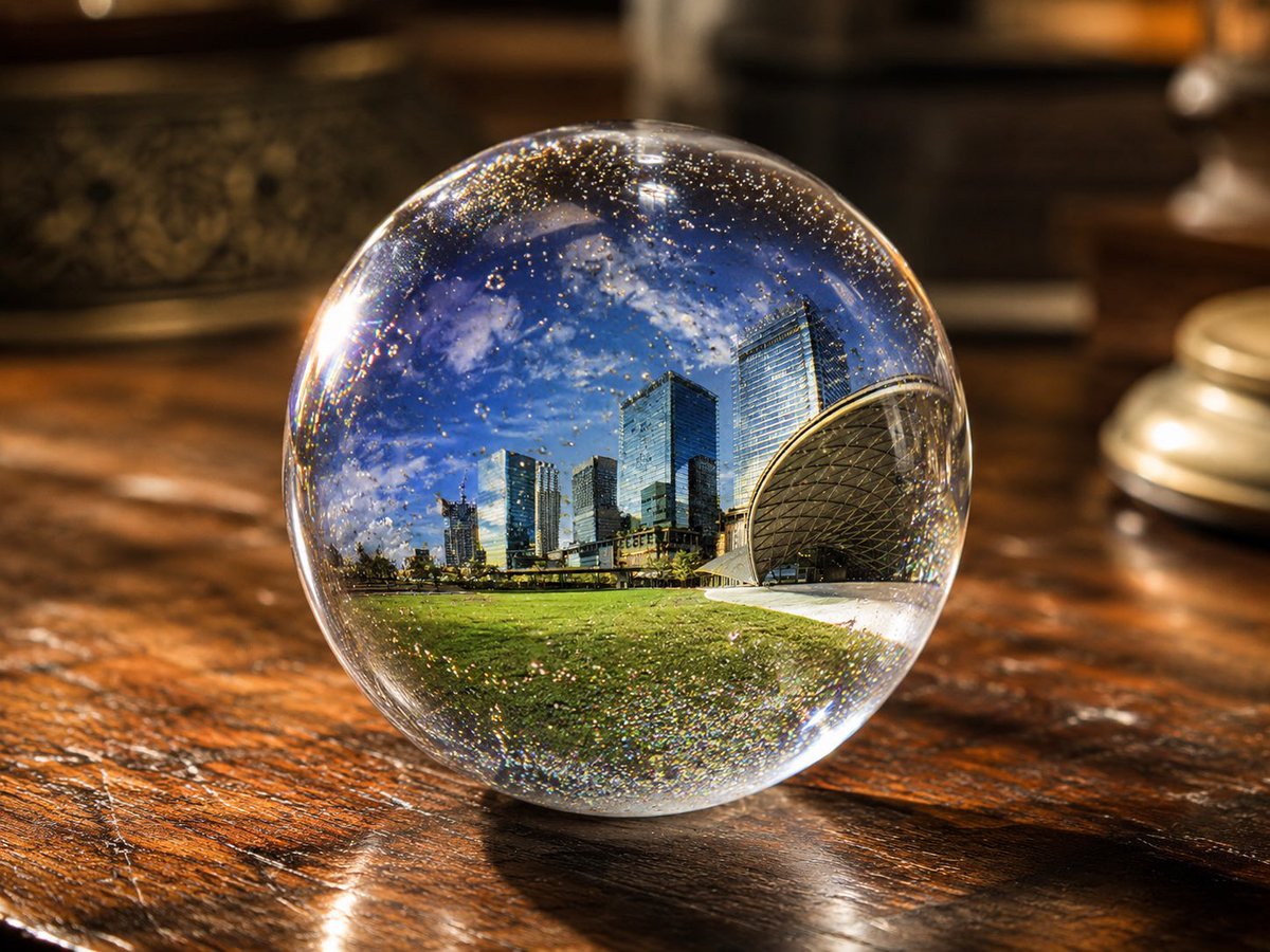 Create a photorealistic close-up product-style image of a perfectly clear spherical UV resin art orb sitting on a gloss…