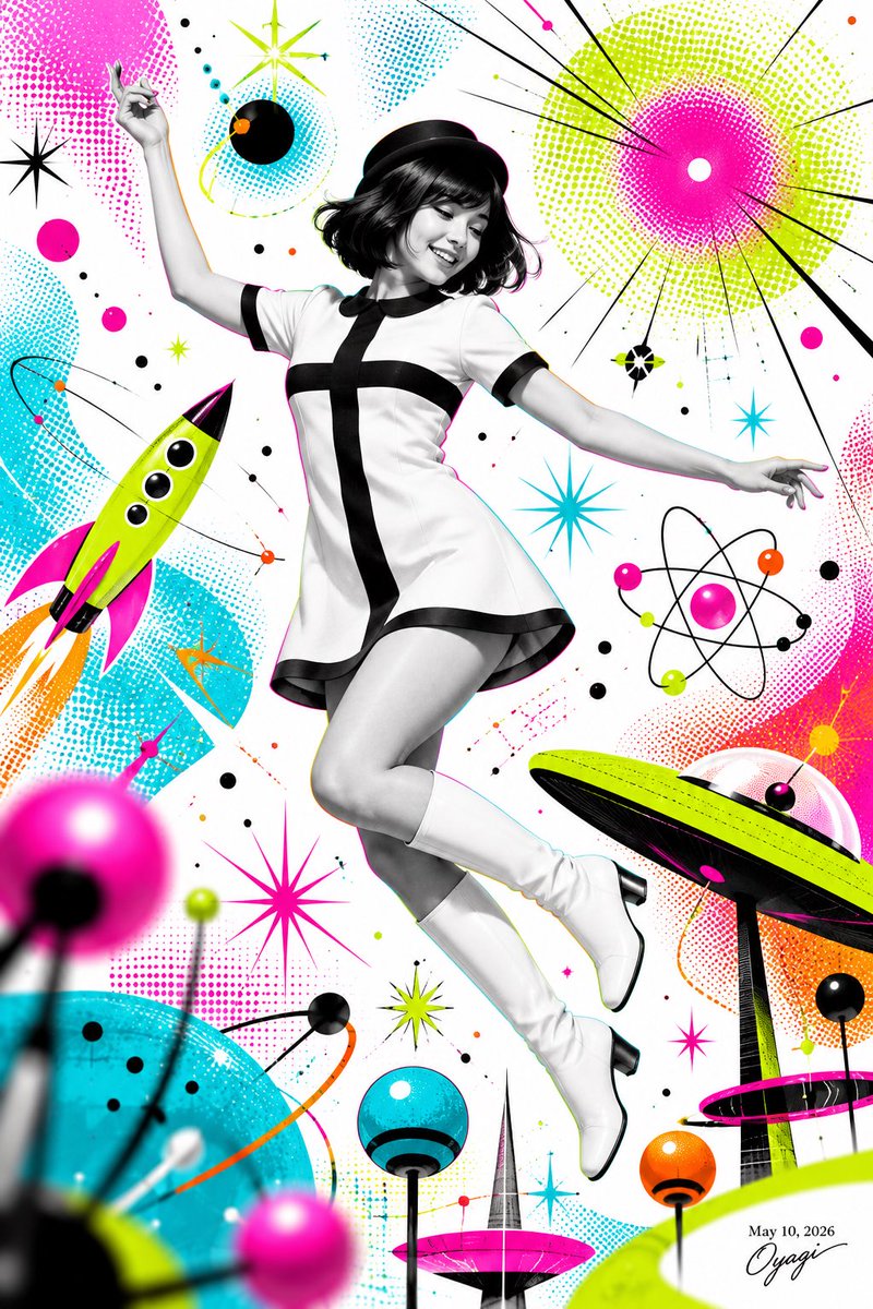Create a vibrant contemporary Atomic Age pop-art fashion illustration on a clean white background, mixing black-and-whi…