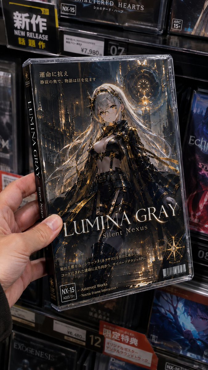 Create a hyper-realistic vertical smartphone photo of a person holding a shrink-wrapped fictional game case in a Japane…