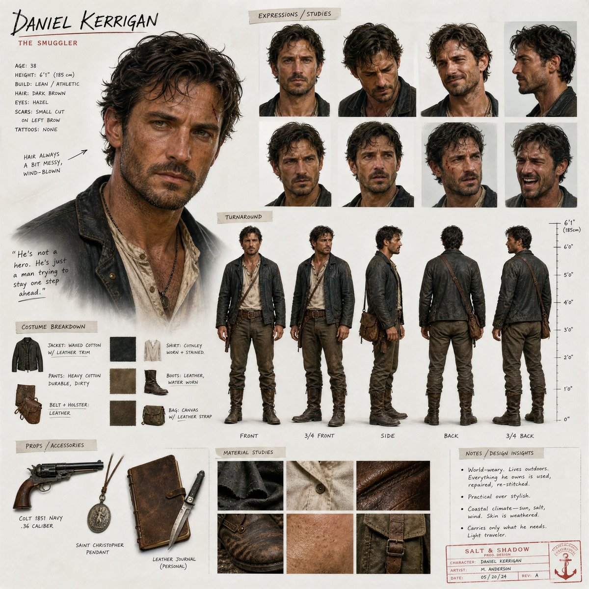 Create a high-end cinematic character design sheet intended for a premium film production. The layout should feel like …