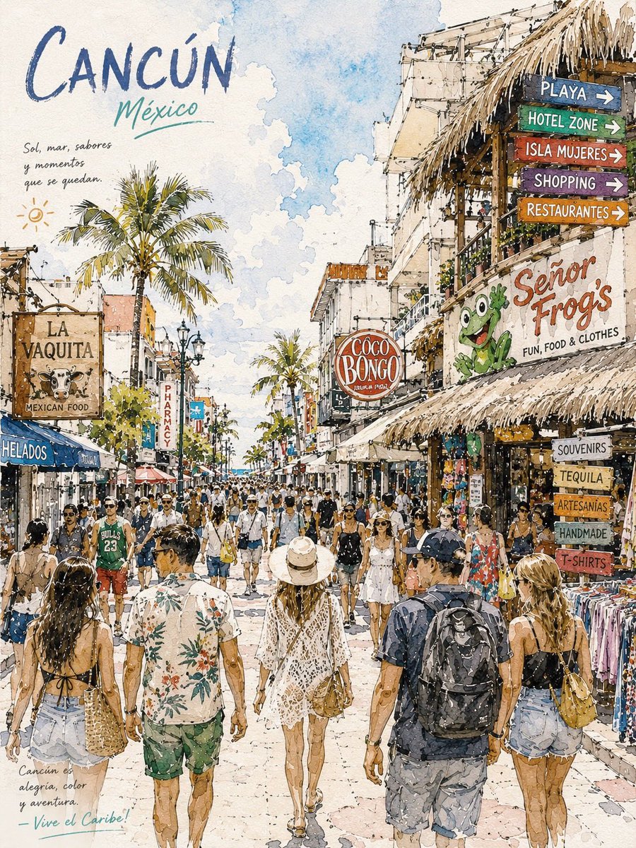 Watercolor travel poster illustration of {argument name="city name" default="Cancun"} busy tropical street scene in the…