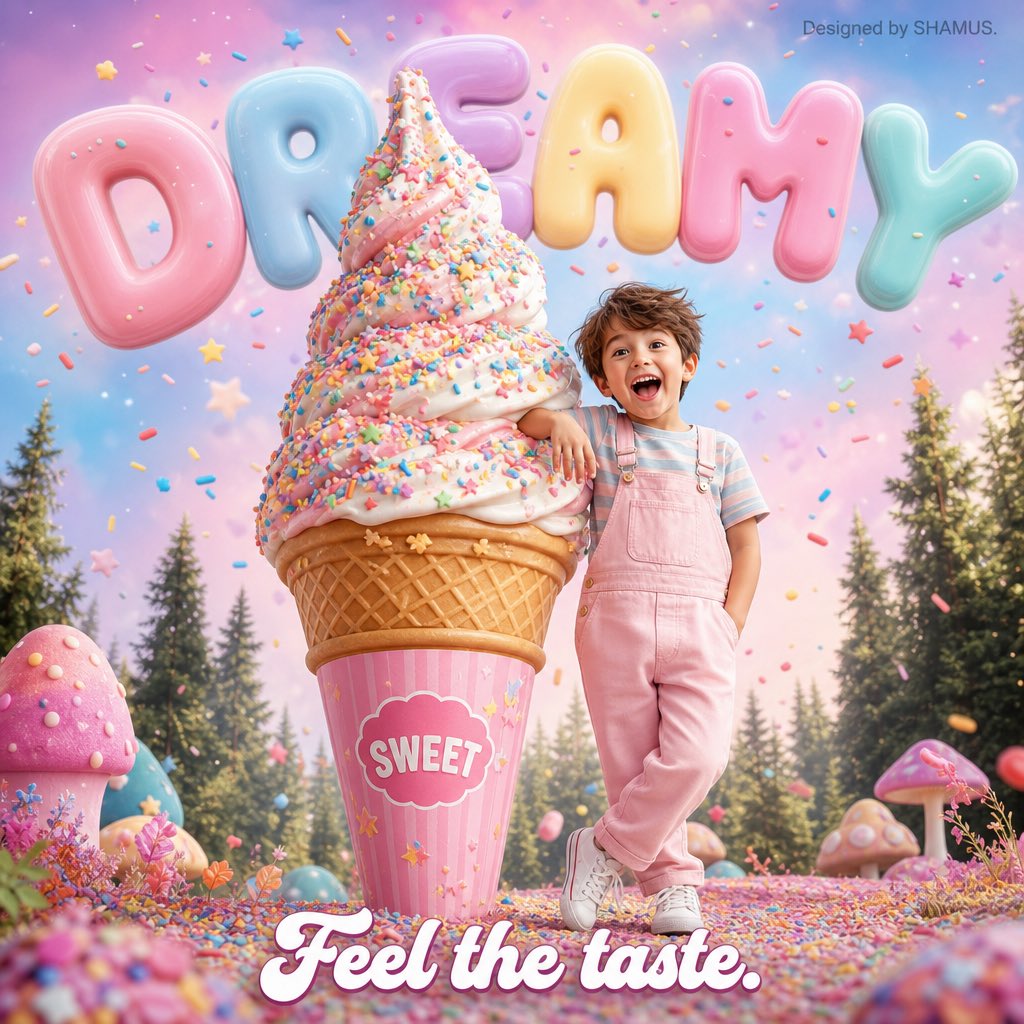 A fun dessert advertisement poster featuring an excited young {argument name="subject" default="BOY"} in {argument name…