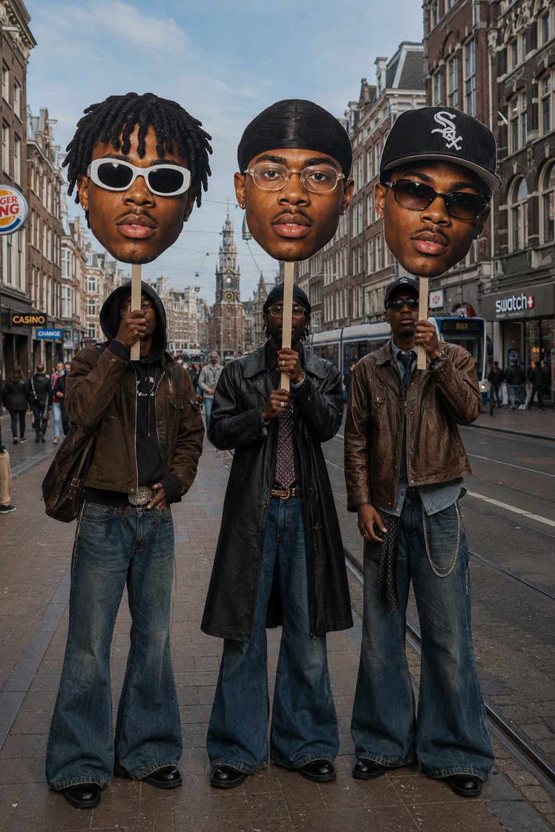 A surreal street-style fashion scene of three young men standing side by side on a {argument name="location" default="E…