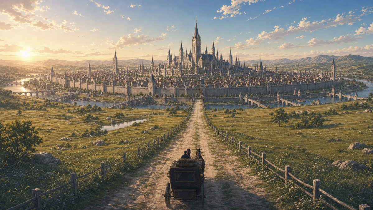 Create a sweeping cinematic fantasy travel scene in ultra-detailed painterly realism: a lone horse-drawn carriage, view…