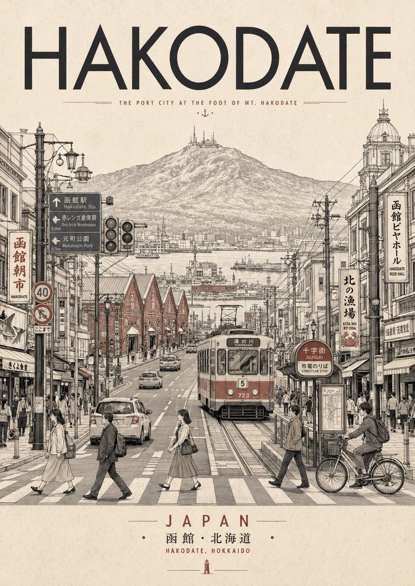 Create a vintage travel poster for {argument name="city title" default="HAKODATE"}, Japan, in a tall portrait compositi…