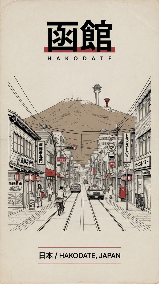 Create a vintage Japanese travel poster for {argument name="destination city" default="Hakodate, Japan"} on warm aged c…