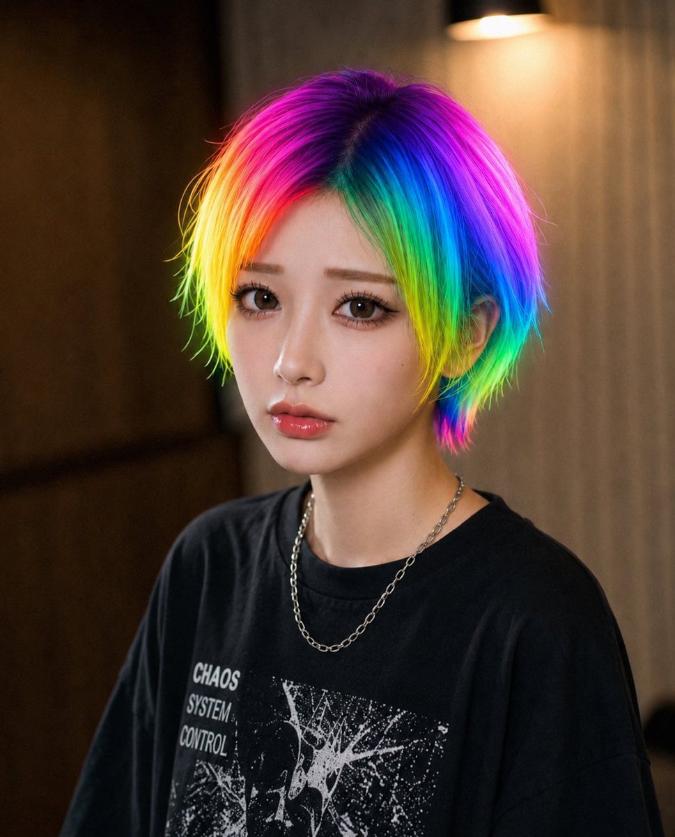 Create a realistic close-up portrait photo of a young person with {argument name="hair color" default="vivid rainbow ne…