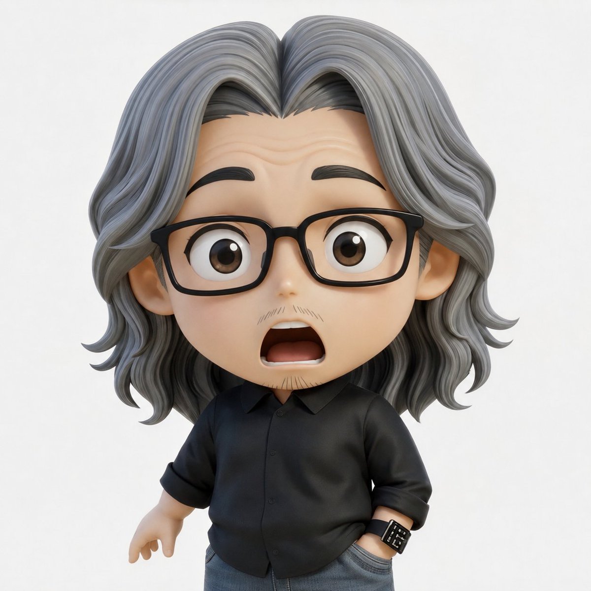 Using the provided reference image as the character base, keep the same chibi 3D figure, outfit, hairstyle, lighting, p…