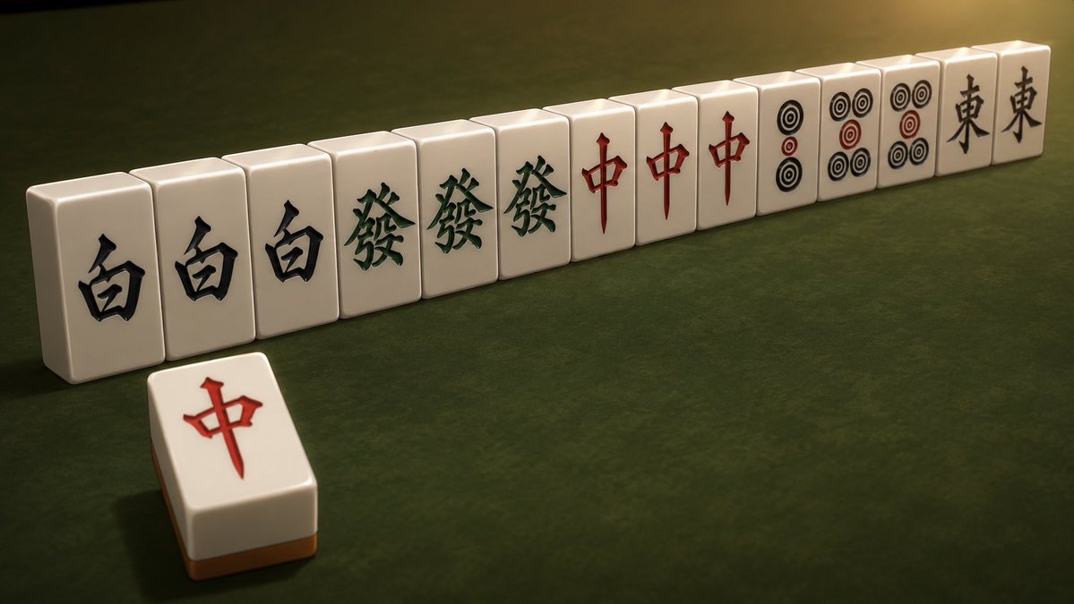 Create a cinematic semi-realistic 3D anime-style shot of a Japanese mahjong hand on a dark green felt table, showing {a…