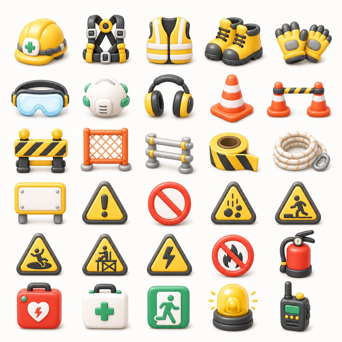 {"type":"3D construction and safety equipment icon set","format":"transparent background PNG asset sheet","style":"cute…