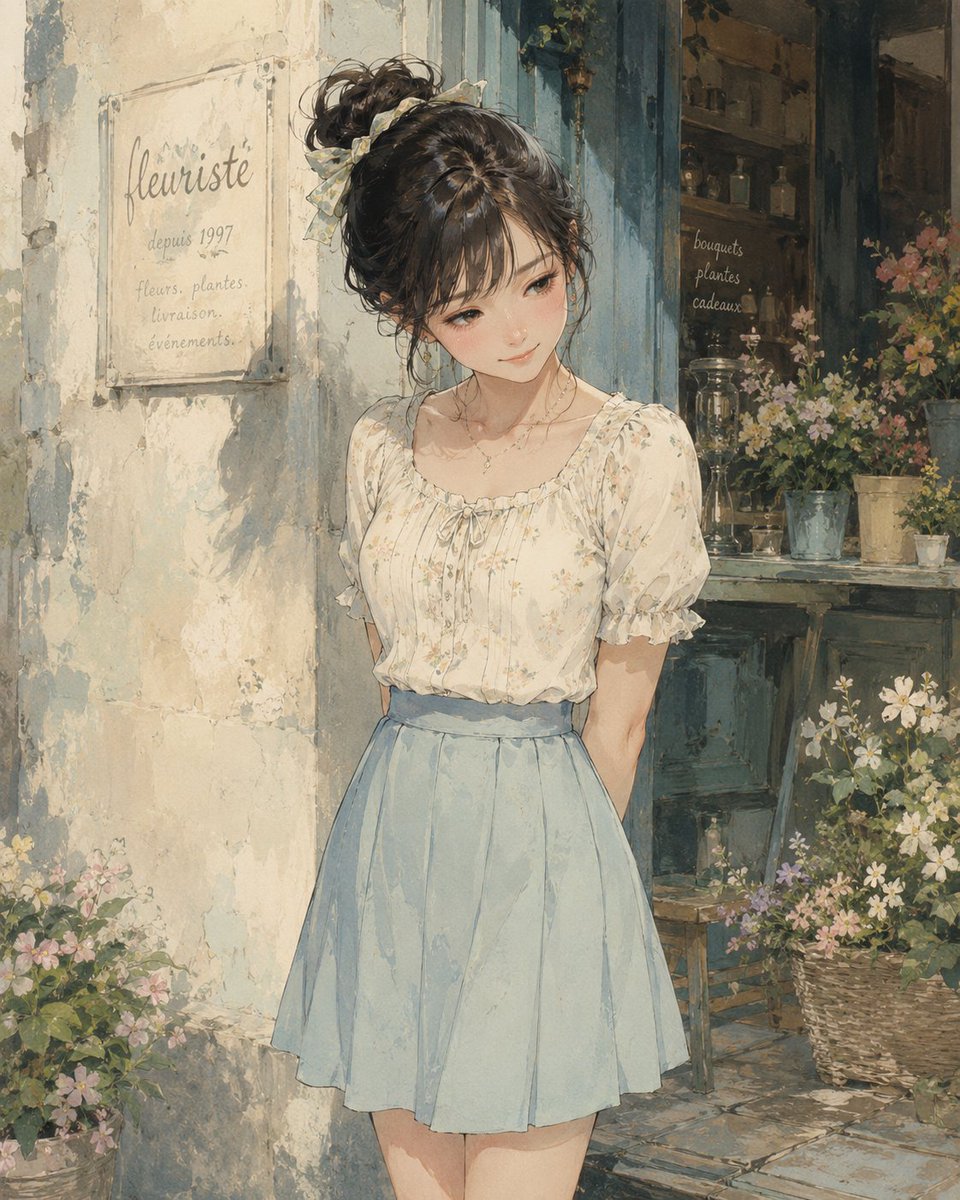 Create a romantic watercolor-style anime illustration of {argument name="character description" default="a young woman …