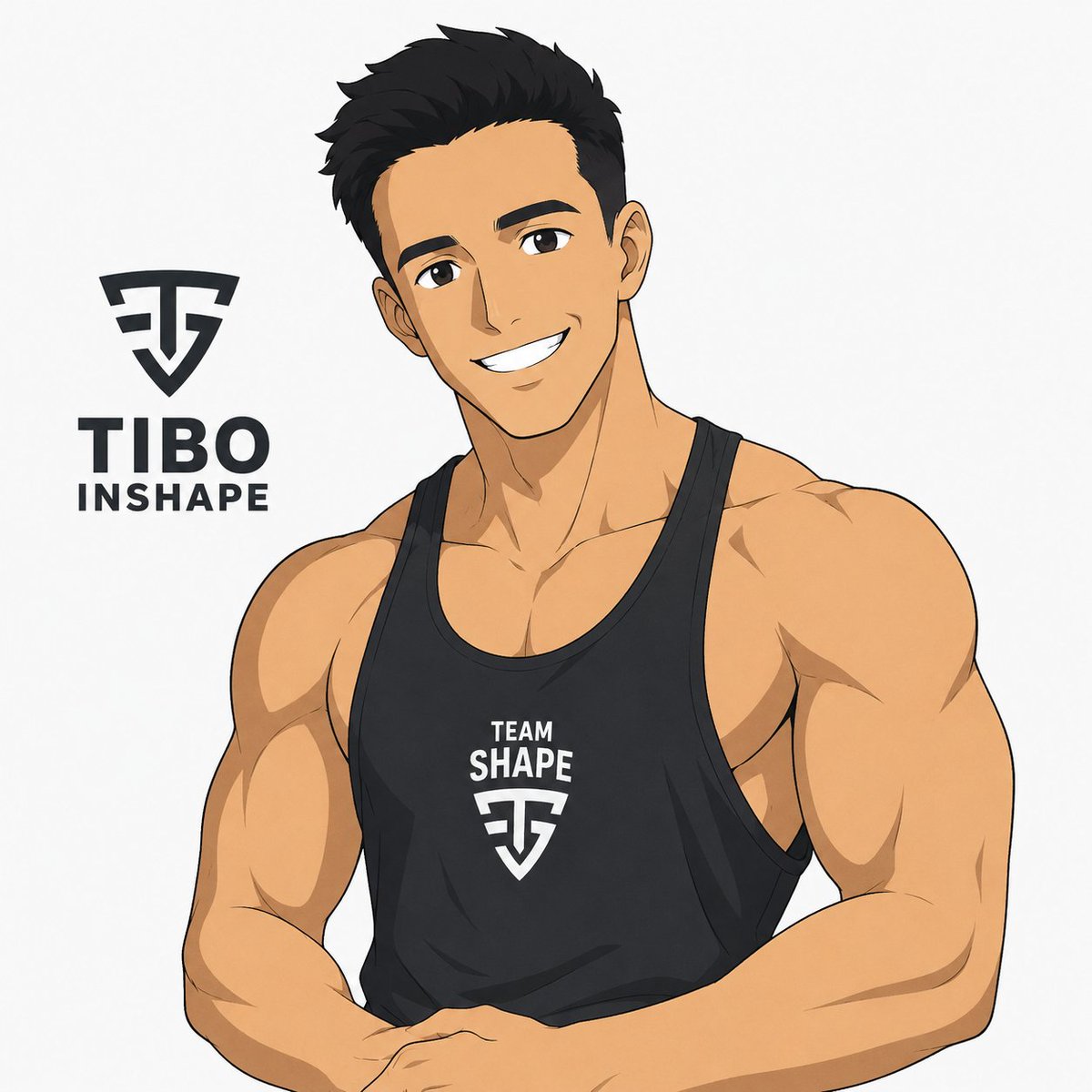 Create a clean anime-style digital portrait of a muscular male fitness influencer, upper body cropped at the waist, sta…