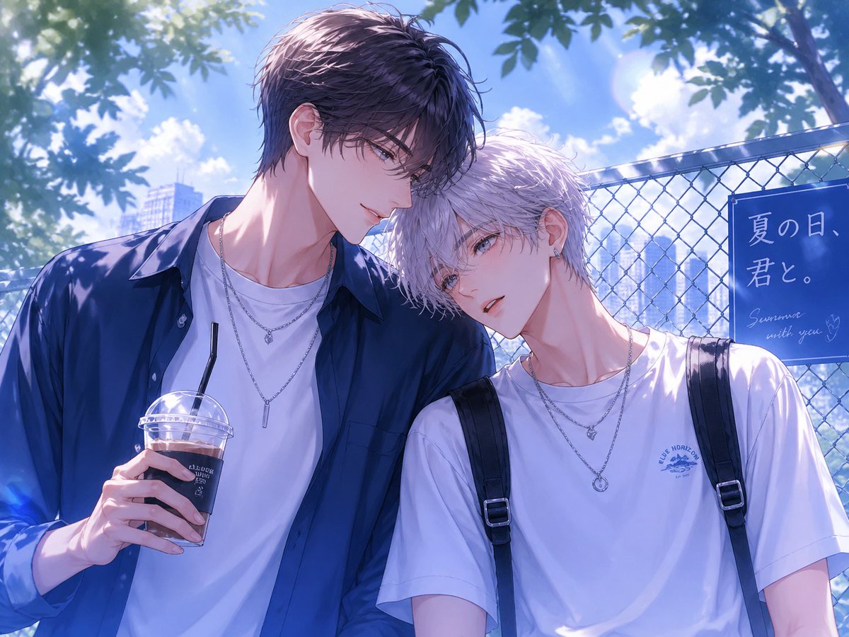 Create a polished BL anime-style summer illustration of two handsome young men standing close together outdoors beside …