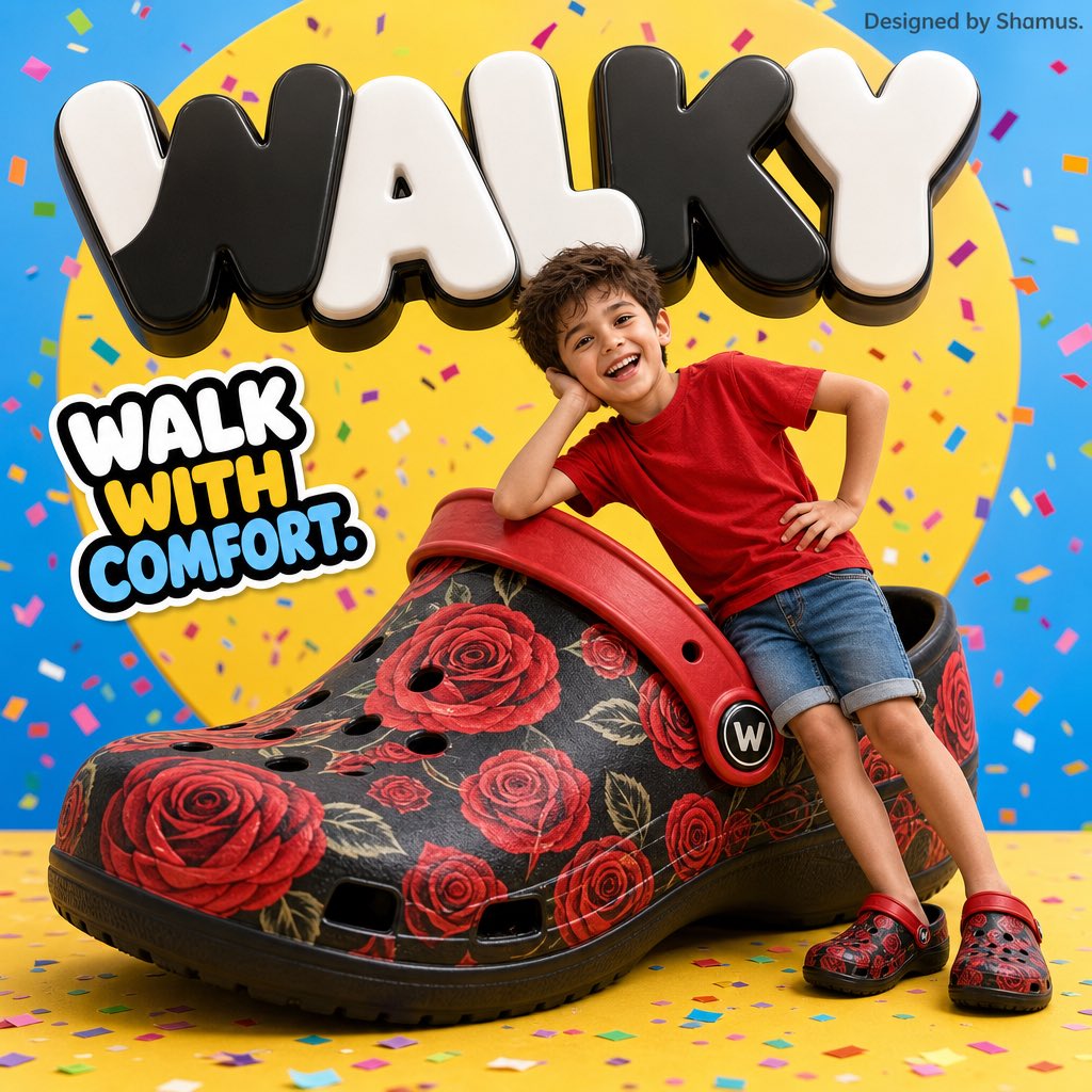 A vibrant children’s shoe advertisement poster featuring a joyful {argument name="age" default="7-year-old"} boy leanin…
