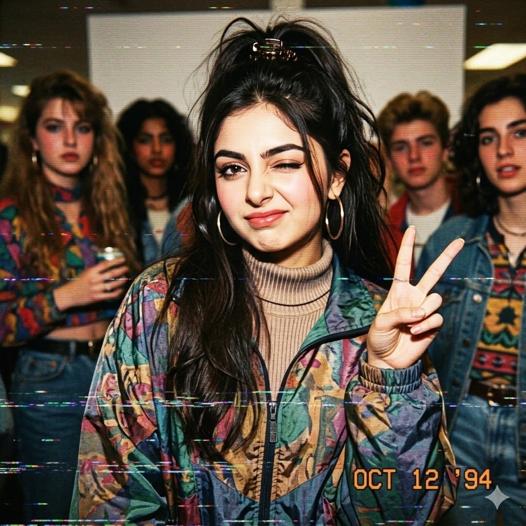 Create a candid 1990s mall-teen group portrait shot on a consumer VHS camcorder with heavy analog tape artifacts. The s…