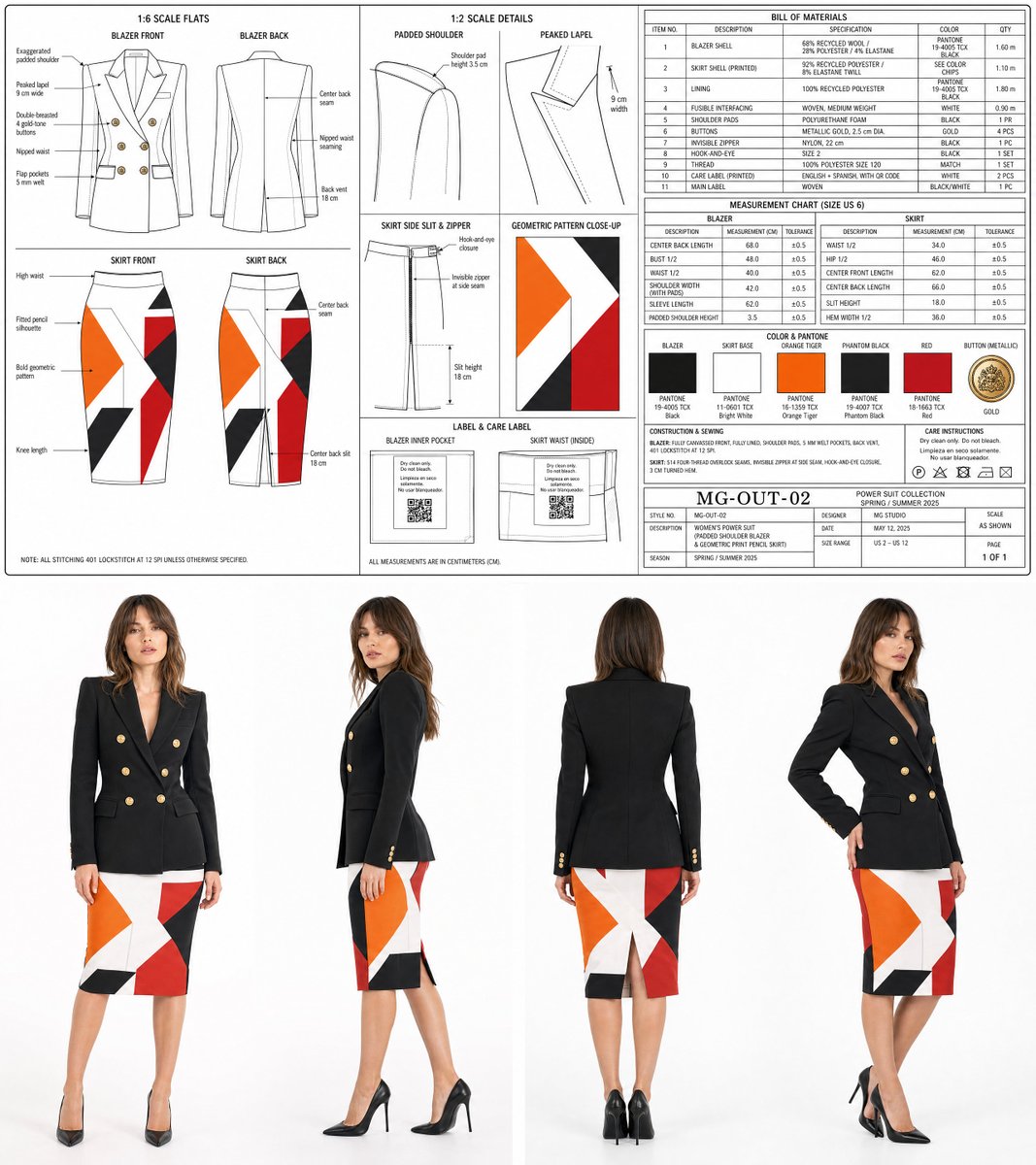 {"type":"fashion design presentation board and product tech pack for a women's power suit","format":"single square comp…