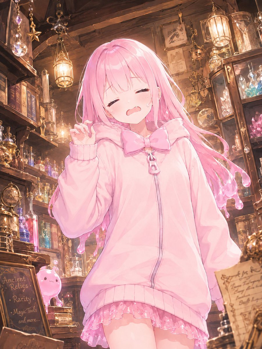 Create a vertical anime-style illustration of a cute young magical girl standing inside a cozy, cluttered antique magic…