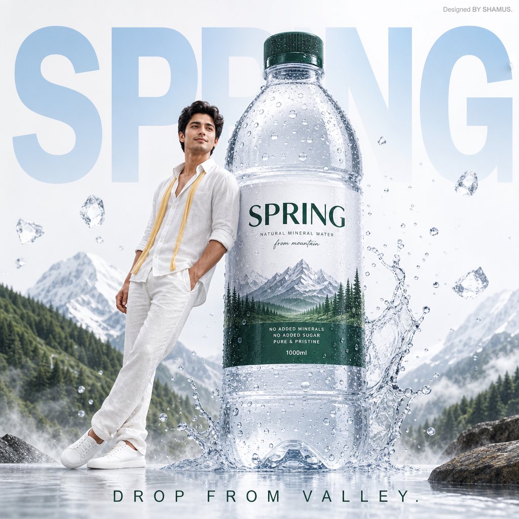 A premium mineral water advertisement poster featuring a fresh-faced young man in a relaxed white and yellow linen outf…